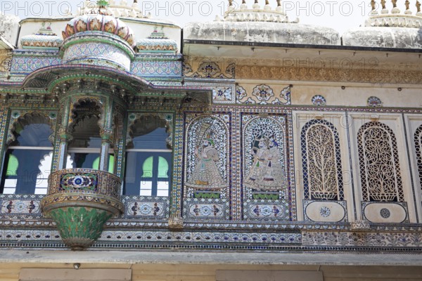 Mosaics in an inner courtyard of the City Palace Museum, City Palace of Udaipur, Rajasthan, India