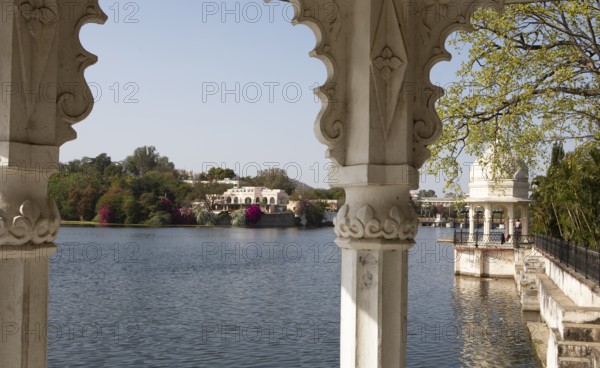 Pagodas in the Swaroop Sagar Garden at Swaroop Sagar Lake, Udaipur, Rajasthan, India