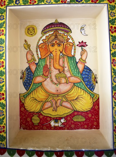 Mural painting, elephant-headed Hindu god Ganesh or Ganpati, City Palace, Udaipur, Rajasthan, India