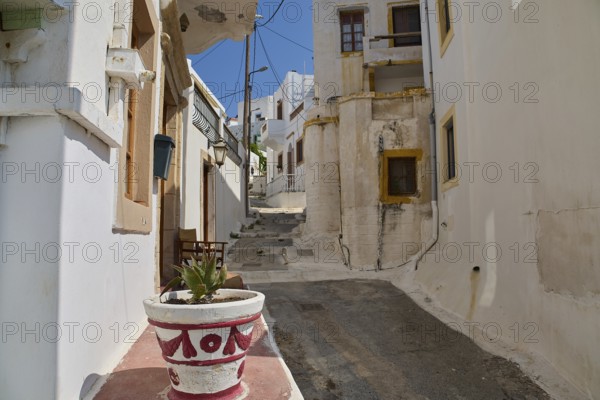 Narrow alley with white buildings and flower pot, old plaster, quiet and sunny atmosphere, Agia Marina, Leros, Dodecanese, Greek Islands, Greece