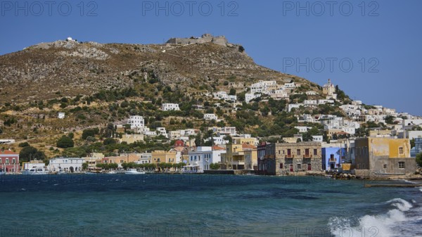 Panteli Fortress, Hilly coastal town with densely built blue and white houses, Agia Marina, Leros, Dodecanese, Greek Islands, Greece