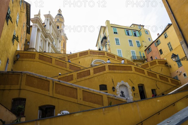 Town with colourful houses by the sea, Menton, Alpes Maritimes, Provence Alpes Cote d'Azur, French Riviera, South of France, France