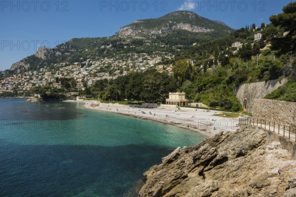 View of Roquebrune and Monaco, Plage du Golfe Bleu, Alpes Maritimes, Provence Alpes Cote d'Azur, French Riviera, South of France, France