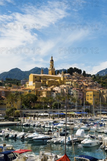 Town with colourful houses by the sea, Menton, Alpes Maritimes, Provence Alpes Cote d'Azur, French Riviera, South of France, France