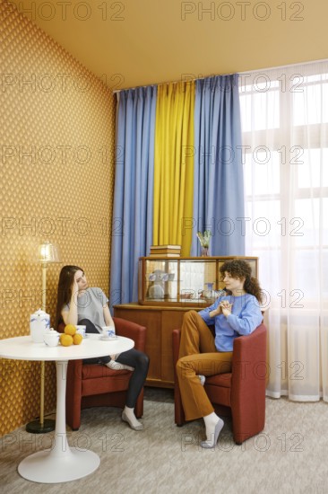 Two friends are sitting comfortably in a well-decorated living room and discussing their problems, looking for a solution