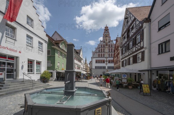 Historic houses and fountains at the Kornhaus, Hauptstr., Bad forest lake, Baden-Württemberg, Germany