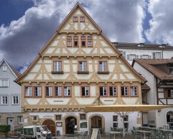Former farmhouse, half-timbered building, built in 1585, today a restaurant, Marktstraße 9, Waldenbuch, Baden-Württemberg, Germany