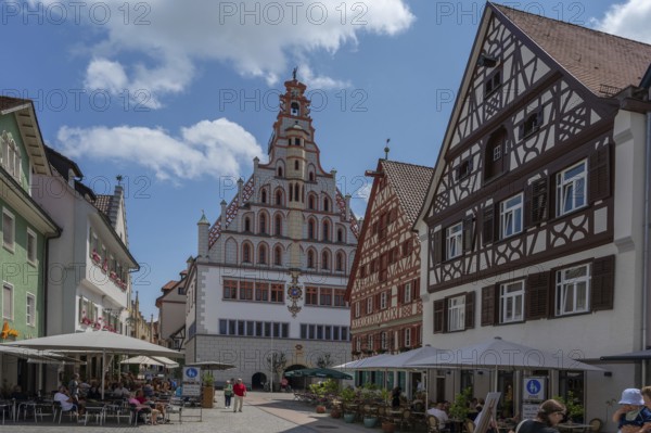 Historic town hall, built in 1426, historic half-timbered houses on the right, Bad forest lake, Baden-Württemberg, Germany