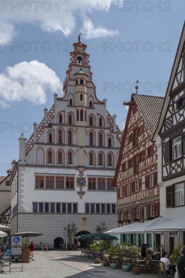 Historic town hall, built in 1426, historic half-timbered houses on the right, Bad forest lake, Baden-Württemberg, Germany