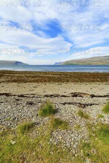 Fjord landscape with pebble beach, Skápadalur valley, coastline, Patreksfjördur, Vestfirðir, Westfjords, Iceland