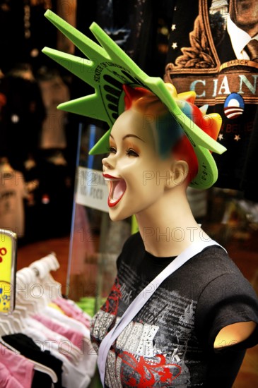 Laughing female mannequin with wreath of stars Statue of Liberty, New York City, USA