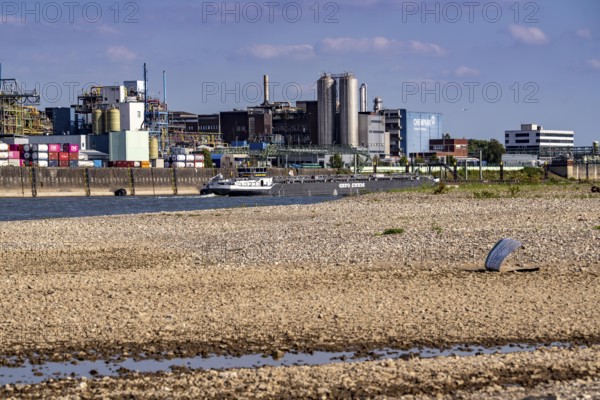 Low water of the Rhine near Leverkusen, Rhine bank, left bank of the Rhine, near Cologne-Merkenich, opposite Chempark Leverkusen, cargo ship on the Rhine, extremely low water level, no restrictions on inland navigation yet, North Rhine-Westphalia, Germany