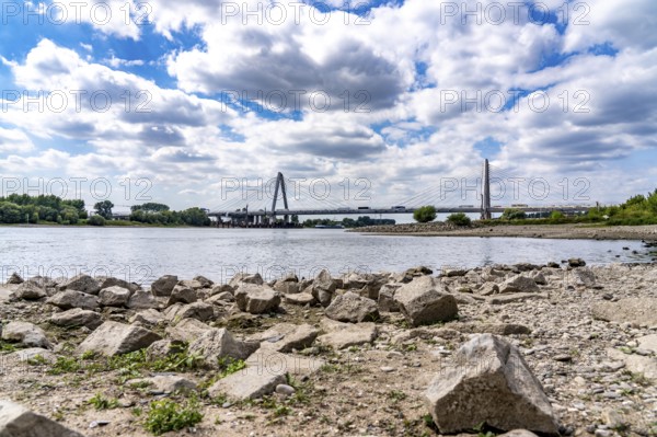 Low water level of the Rhine at Leverkusen, new Rhine bridge on the A1 motorway, extremely low water level of the Rhine, no restrictions on inland navigation yet, North Rhine-Westphalia, Germany