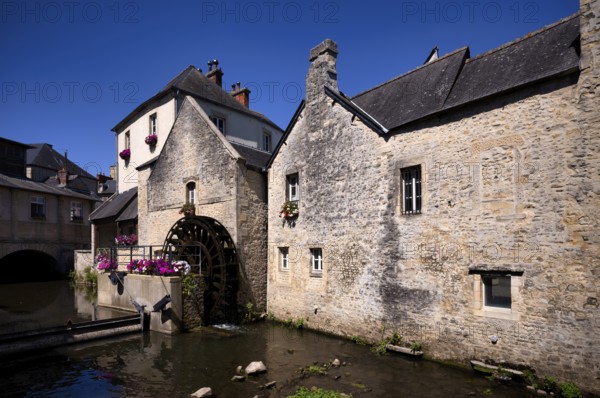 Mill wheel, mill, tanners' quarter, river Aure, old town, Bayeux, Normandy, Calvados, France