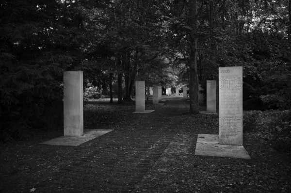 Stelae at the Mémorial des Réporters, memorial to the freedom of the press, memorial to journalists and photographers killed in the line of duty, black and white, Bayeux, Normandy, Calvados, France