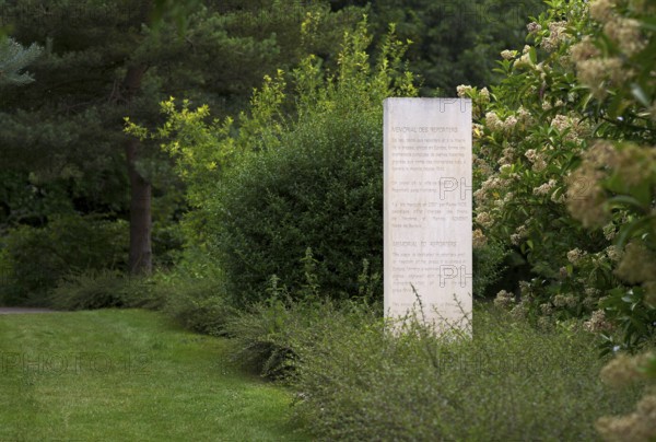 Stelae at the Mémorial des Réporters, memorial to the freedom of the press, memorial to journalists and photographers killed in the line of duty, Bayeux, Normandy, Calvados, France