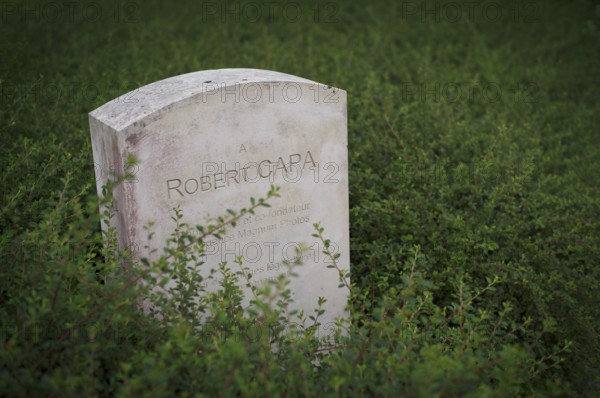 Separate memorial stone for war reporter Robert Capa, actually André Endre Erno Friedman, Mémorial des Réporters, memorial to freedom of the press, memorial to journalists and photographers killed in the line of duty, Bayeux, Normandy, Calvados, France