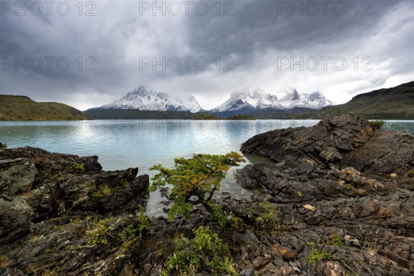 Cloudy mountain range Cuernos del Paine, shore of the blue lake Lago Pehoe in the evening light, dramatic sky, Torres del Paine National Park, Chile
