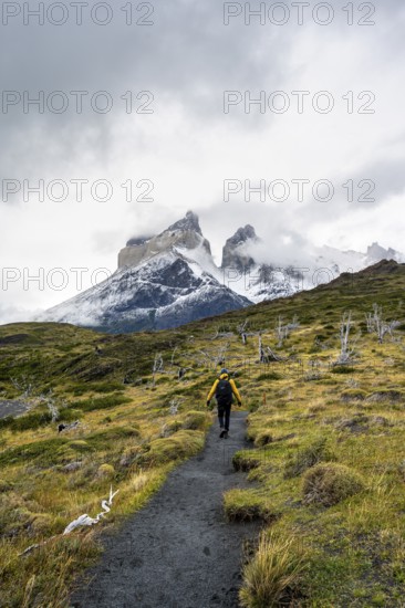 Hikers on a hiking trail to the Mirador de los Cuernos, Cuernos del Paine mountain range in autumn, Torres del Paine National Park, Magallanes region, Chile