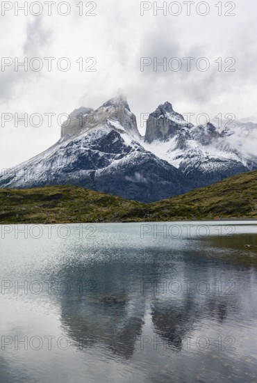 Cuernos del Paine mountain range, reflection in Lago Nordenskjöld, Torres del Paine National Park, Chile