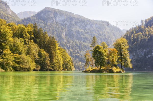 Königssee, mountain lake in the municipality of Schönau am Königssee, district of Berchtesgadener Land. It is nestled between the steep slopes of the Watzmann and Hagengebirge mountains and has a fjord-like character. It is one of the cleanest lakes in Germany. Navigation since the 18th century. Upper Bavaria, Bavaria