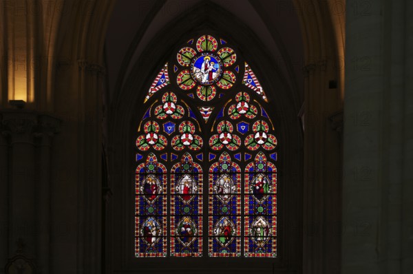 Interior view, stained glass window, coloured church windows, Cathédrale Notre-Dame de Bayeux, Bayeux, Calvados, France
