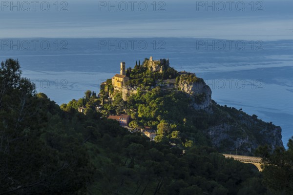 Picturesque mountain village above the sea, sunrise, Èze, Cote d'Azur, Alpes-Maritimes, Provence-Alpes-Cote-d'Azur, South of France, France