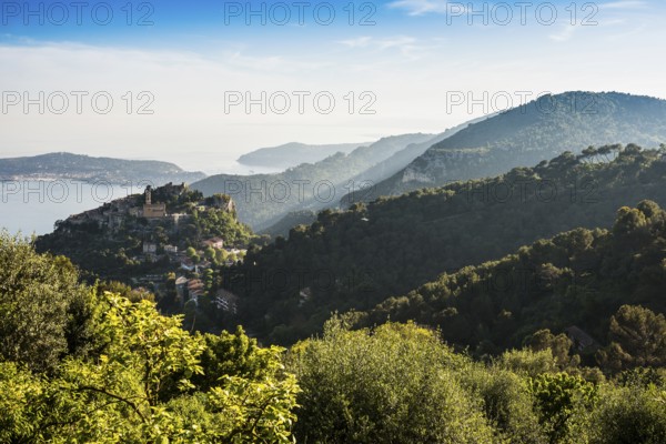 Picturesque mountain village overlooking the sea, Èze, Cote d'Azur, Alpes-Maritimes, Provence-Alpes-Cote-d'Azur, South of France, France