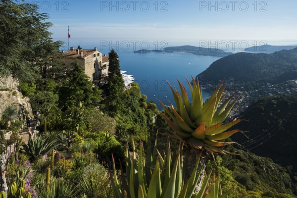 Picturesque mountain village overlooking the sea, Jardin Exotique, Èze, Cote d'Azur, Alpes-Maritimes, Provence-Alpes-Cote-d'Azur, South of France, France