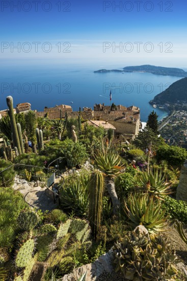 Picturesque mountain village overlooking the sea, Jardin Exotique, Èze, Cote d'Azur, Alpes-Maritimes, Provence-Alpes-Cote-d'Azur, South of France, France