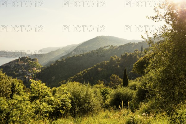 Picturesque mountain village above the sea, sunset, Èze, Cote d'Azur, Alpes-Maritimes, Provence-Alpes-Cote-d'Azur, South of France, France