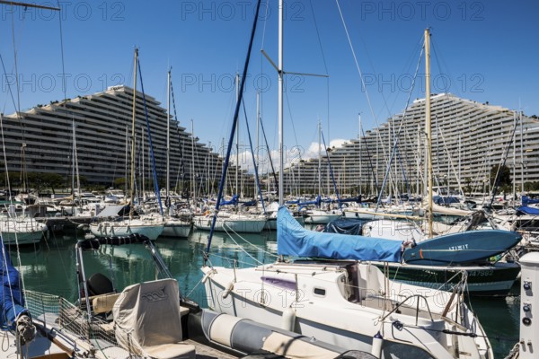 High-rise flat blocks by the sea, Marina Baie des Anges, Villeneuve-Loubet, Provence Alpes Côte d'Azur, South of France, France