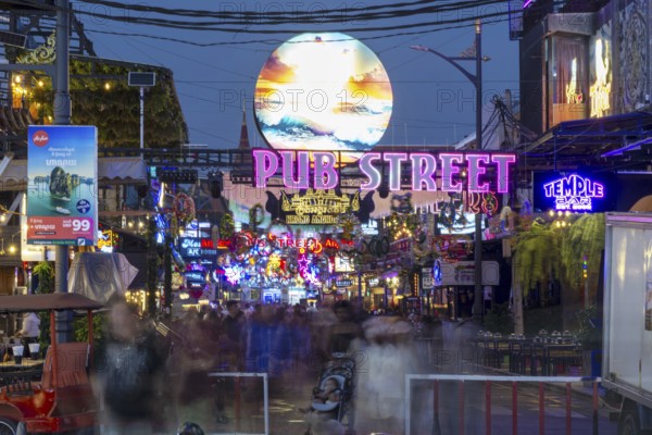 Neon lights, Pub Street in the evening, entertainment district with bars and restaurants, Siem Reap, Cambodia
