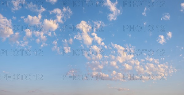 Background image for sky replacement, blue sky with loose white clouds in the evening light