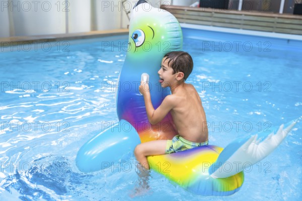 Happy child enjoying playful moments with a colorful inflatable seal in a sparkling pool during sunny summer holidays