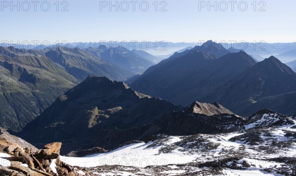 Mountain panorama at the Wilder Freiger summit, high mountain landscape, view towards the Stubai Valley with Wilder Freiger Ferner glacier, Stubai Alps, South Tyrol, Italy
