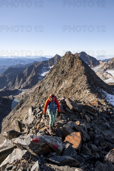 Mountaineer on a rocky ridge, ascent to the Wilder Freiger mountain peak, behind her the summit of the Becher with Becherhaus, picturesque high mountain landscape, Stubai Alps, South Tyrol, Italy