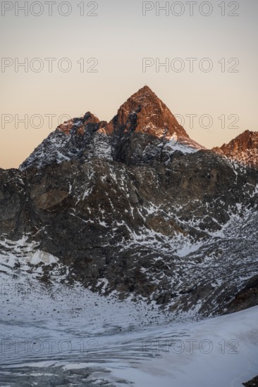 High mountain landscape at sunrise, summit of the Wilder Pfaff in the morning light, glacier and rocky mountain peaks with alpenglow, Stubai Alps, South Tyrol, Italy