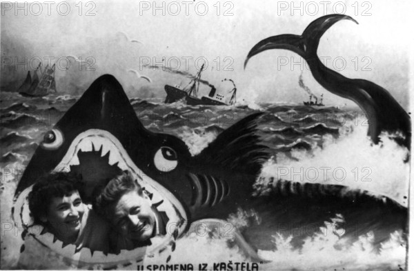 Shark backdrop. Photo shoot with couple in the mouth of a shark. ca. 1930, location unknown
