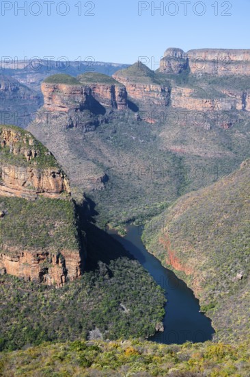 Blyde River Canyon with Three Rondawels peak, view of canyon with Blyde River and Table Mountains, canyon landscape, Panorama Route, Mpumalanga, South Africa