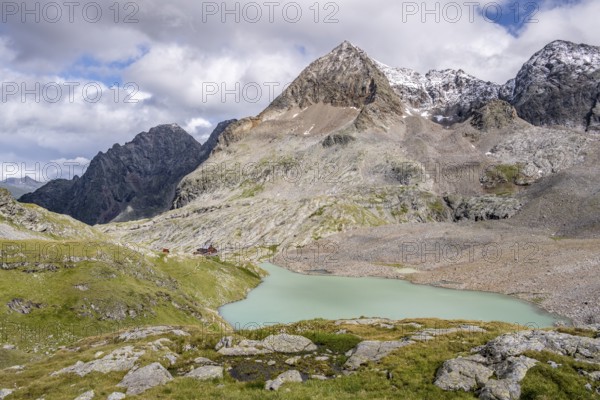 Adolf-Nossberger-Hütte, view of turquoise-blue mountain lake Großer Gradensee, Schober Group, Hohe Tauern National Park, Carinthia, Austria