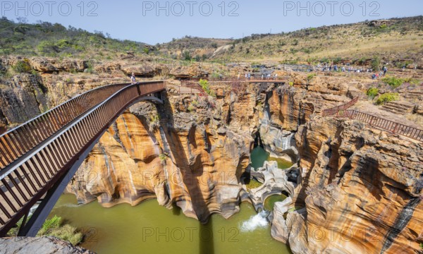 Bridges over a canyon with steep orange-coloured cliffs and the Blyde River, Bourke's Luck Potholes, Panorama Route, Mpumalanga, South Africa