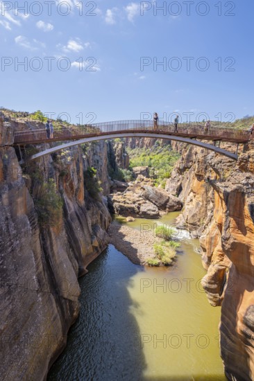 Bridges over a canyon with steep orange-coloured cliffs and the Blyde River, Bourke's Luck Potholes, Panorama Route, Mpumalanga, South Africa