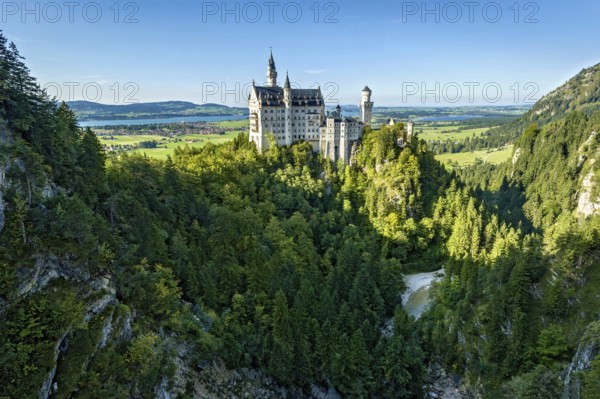 Neuschwanstein Castle by King Ludwig II above the Pöllat Gorge, fairytale castle in the Neo-Romanesque style, UNESCO World Heritage Site, Forggensee, Bannwaldsee, Schwangau, Königswinkel, Allgäu, Swabia, Bavaria, Germany