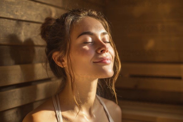 Beautiful lady relaxing in hot steamy sauna. Concept of relaxation in beauty spa, AI generated