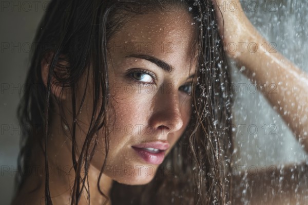 Beautiful attractive woman in the shower applying shampoo to her hair, AI generated