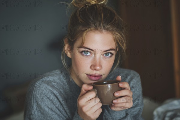 Beautiful young woman drinking tea or coffee while resting at home in comfort in cold weather, AI generated