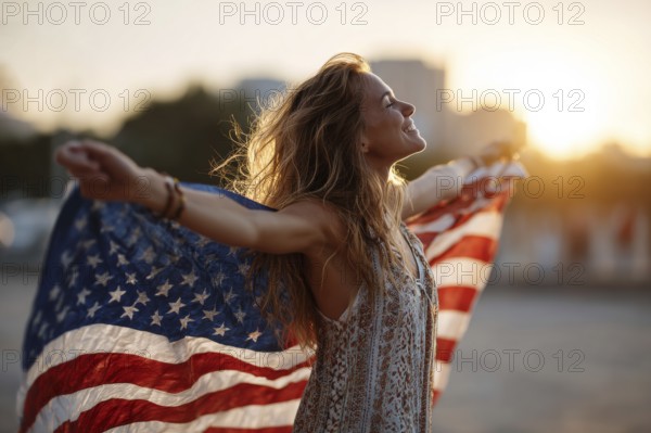 Beautiful attractive patriotic young woman with the American flag held in her standing in the summer sunset. Love for the country and american lifestyle, AI generated