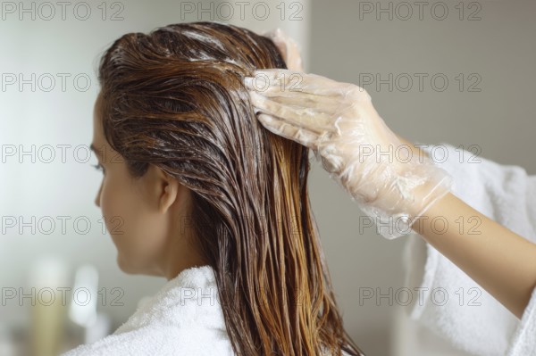 Beautiful Beautiful woman applying hair color to her hair in hairdressing salon, AI generated