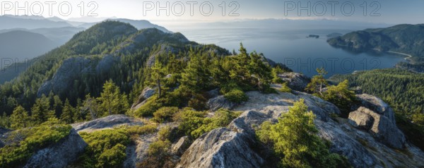 Beautiful Panoramic View of Canadian Nature Landscape from the top of the Mountain during a sunny summer sunset, AI generated